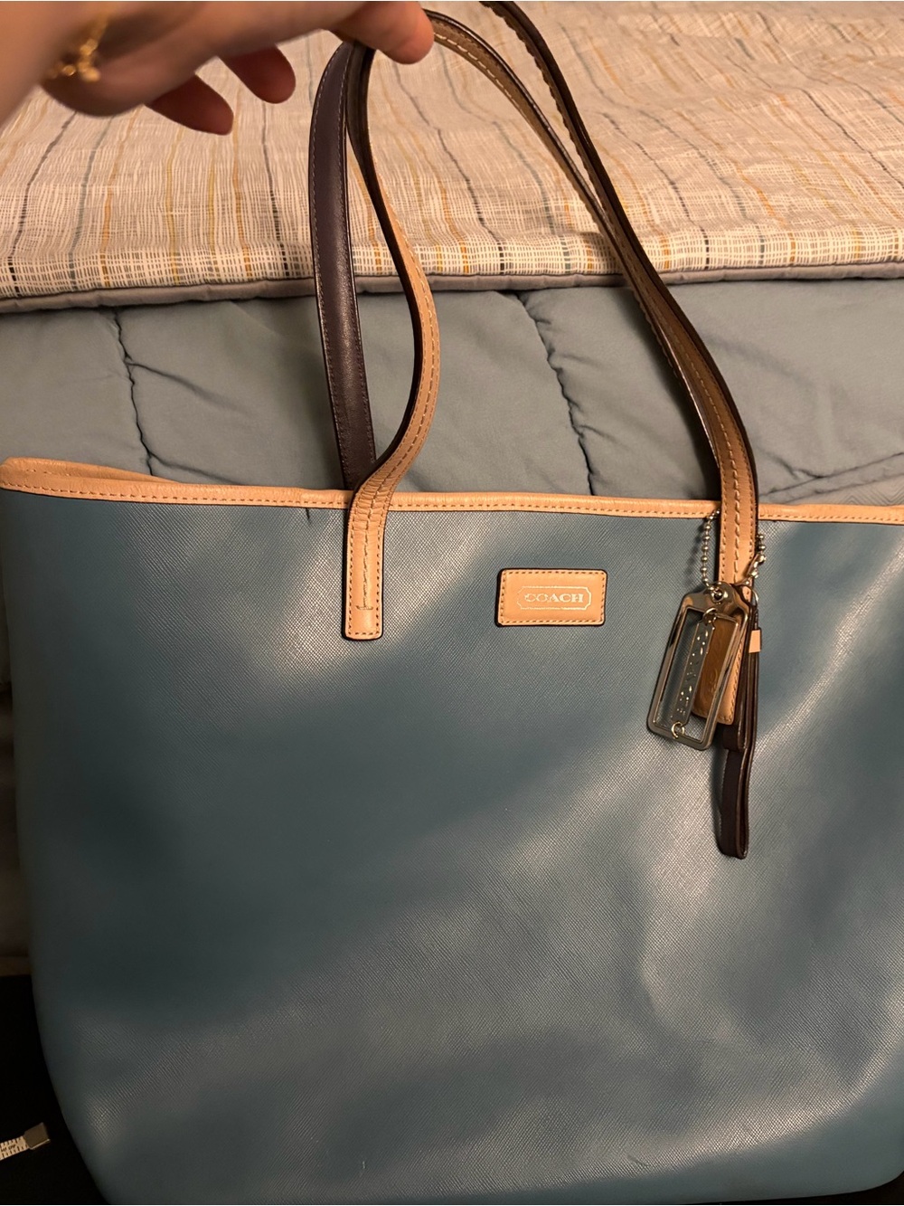 COACH Blue Tote with Tan Trim and Dark Brown Handles
